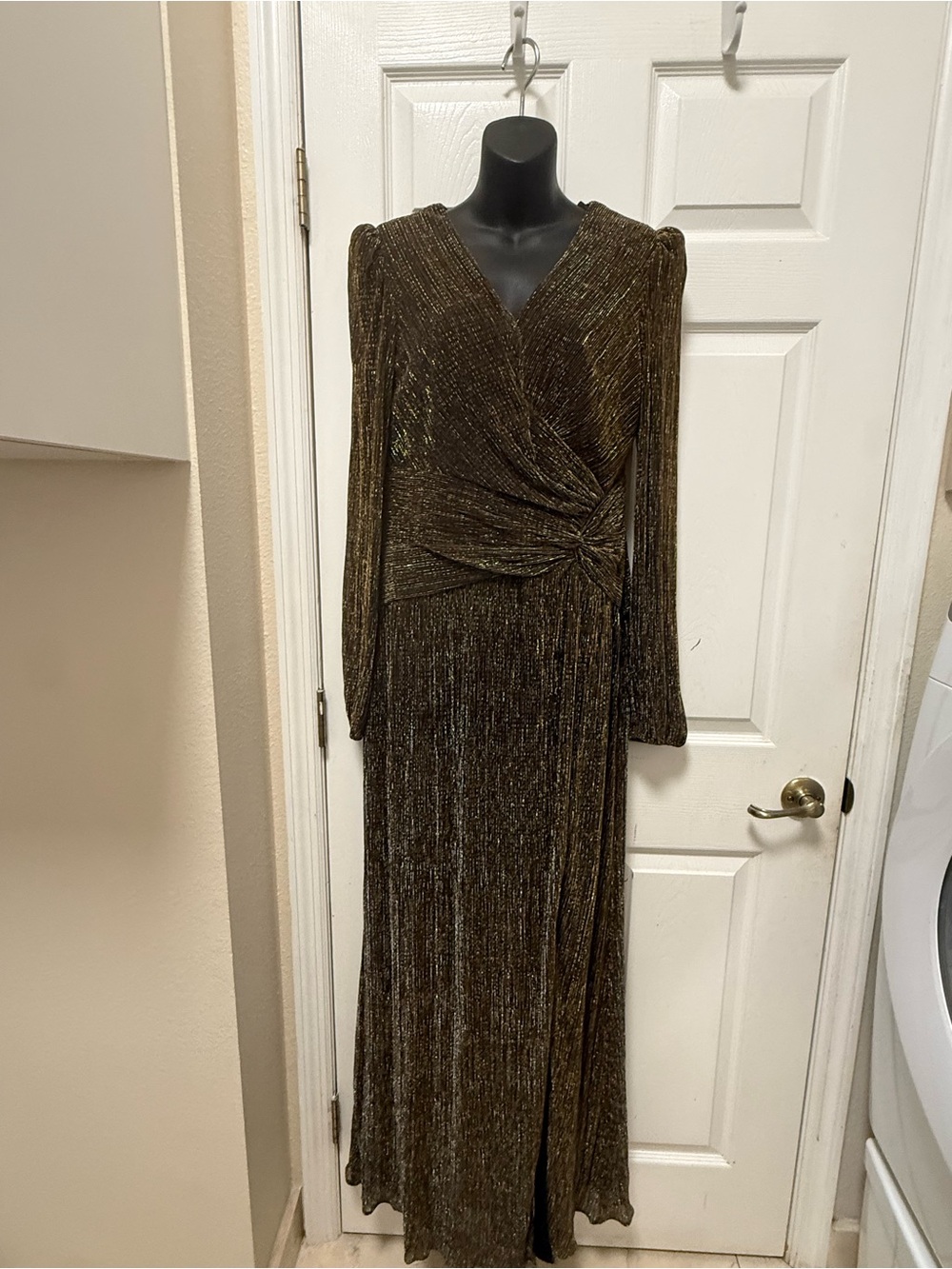 Elegant Metallic Brown Long-Sleeve Wrap Maxi Dress